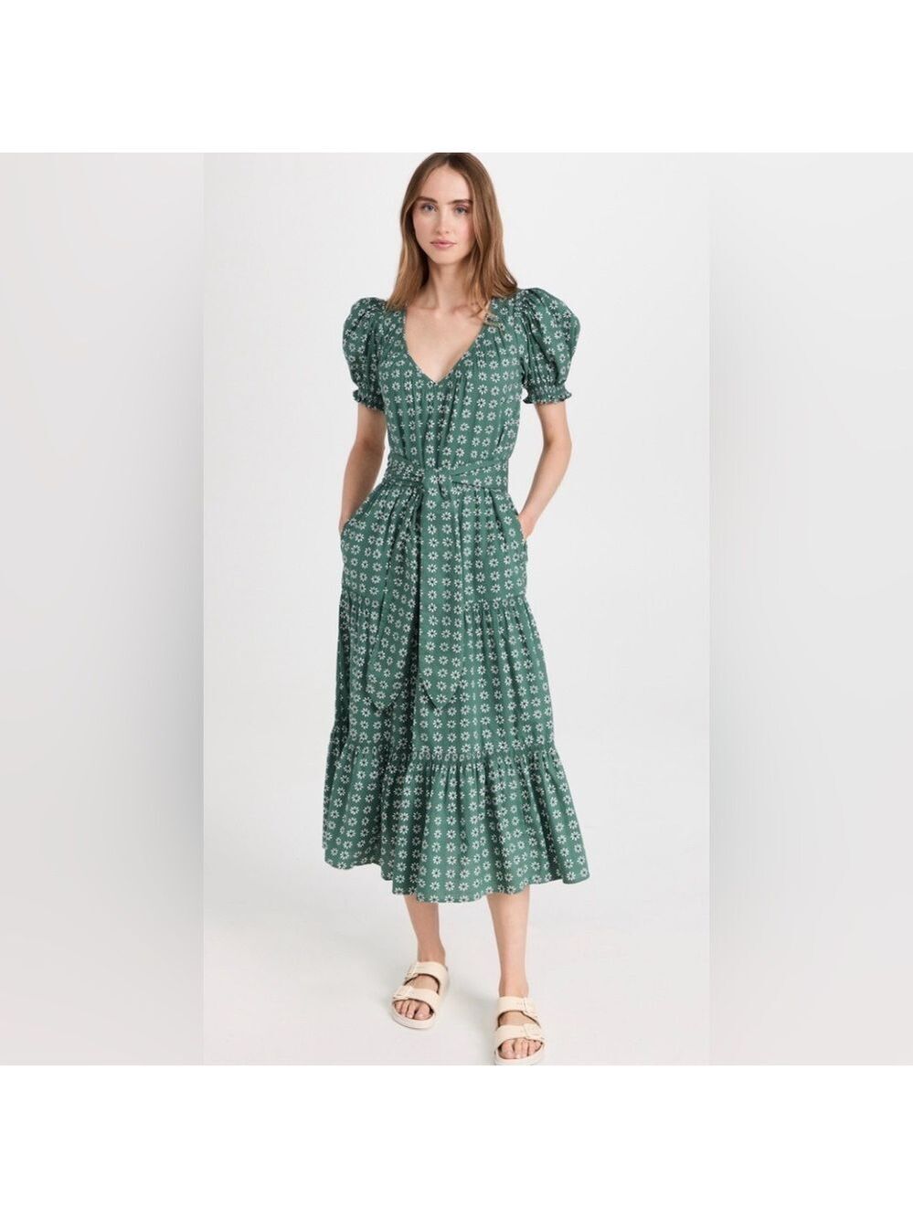 The Great. The Dakota Maxi Dress  Daisy Floral Puff Sleeve SZ L 3 Green White